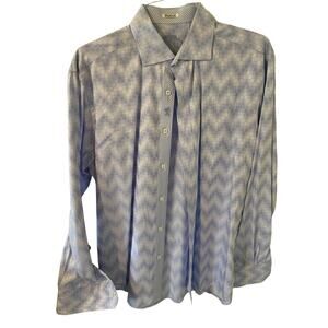 Bugatchi Shaped Fit Mens Long Sleeve Button Down Shirt, Blue White, Flip Cuff, L